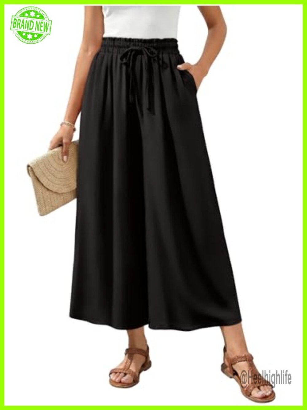 Wide Leg Cropped Palazzo Pants High Waist Drawstring Loose Fit Casual